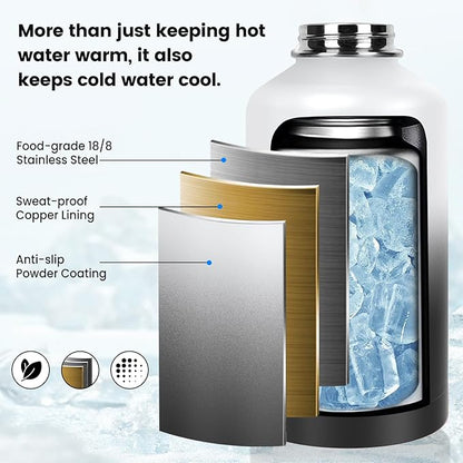 Insulated Water Bottle 64 oz, Triple Wall Vacuum Stainless Steel(Cold for 48 Hrs),Leak Proof & BPA-Free,Half Gallon Water Bottle with Reflective Paracord & Flip Straw for Sports & Travel, DarkGray