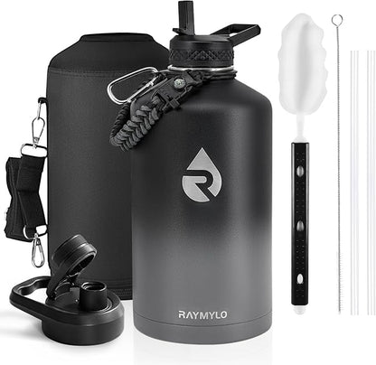 One Gallon Water Bottle Insulated, Triple Walled Vacuum Stainless Steel (Cold for 48 Hrs), Leak Proof & Non-BPA, Large Water Flask Jug with Paracord Handle & Straw Spout Lids