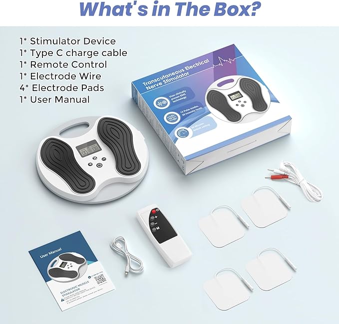 EMS Foot Massager for Neuropathy Relief, TENS Foot Nerve Circulation Stimulator for Pain Relief, Muscle Stimulator with 4 Body Pads, Relieves Swelling, Cramps, Plantar Fasciitis