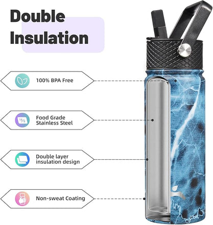 18 oz Insulated Water Bottle Stainless Steel Sport Bottles with 3 Lids,Marble Ocean