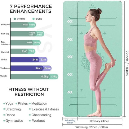 Yoga Mat Non Slip TPE Extra Wide Yoga Mat with Alignment Mark, 72"L x 32"W x 0.32"/0.24"Th (183cm x 81cm x 8mm/6mm), Anti-Tear Exercise Mat with Carrying Strap and Bag, Workout Mats for Yoga, Pilates