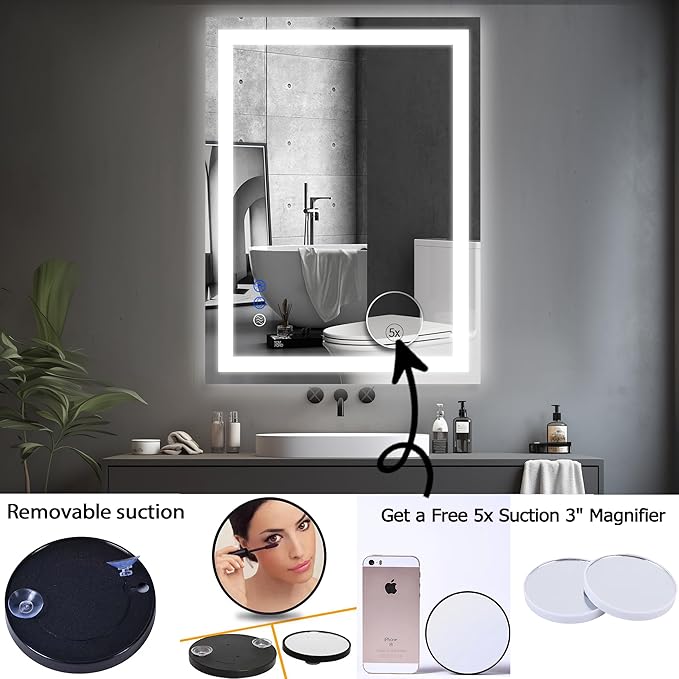 LED Bathroom Mirror with Lights Mirrors Smart Vanity 32x24 in,Anti-Fog,3 in,Anti-Fog,3 Colors Dimmable,CRI95+, Touch