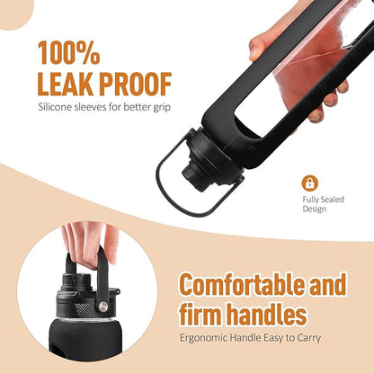 Kodrine Water Bottle with Straw, 24 oz Glass water Bottle with 2 Lids Bamboo Straw Lid and Spout Lid with Handle, 32 oz Clear Water Bottle Glass for Sports Travel, Waterbottle with Time Marker