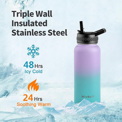 32 oz Insulated Water Bottle with Straw (Cold for 48 Hrs), Stainless Steel Triple Wall Vacuum Sports Water Jug, Leakproof Hydro Cup Flask with Paracord Handle & Straw Spout Lids & DIY Stickers