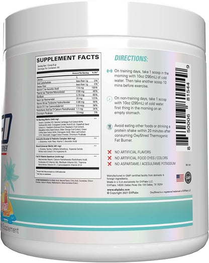EHP Labs OxyShred Pre Workout Powder - Preworkout Powder with L Glutamine & Acetyl L Carnitine, Energy Boost Drink - Bahama Breeze, 60 Servings
