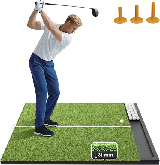 Golf Hitting Mat with Ball Tray, 5x4 & 6x4 ft, 26mm/31mm Thick, Standard & Alignment Line Options, Premium Golf Practice Mat for Indoor Outdoor Swing & Chipping