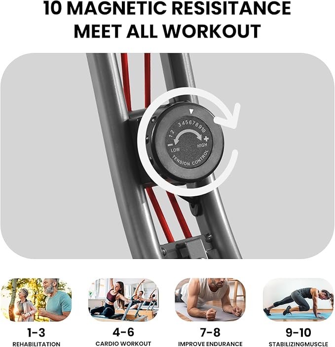 Exercise Bike Stationary Bike Folding Exercise Bike with 10 Level Adjustable Magentic Resistance Support Back Pad and Phone/Tablet Holder Arm Resistance Band Pulse Sensor LCD Monitor for Home Workout 265 LB Capacity