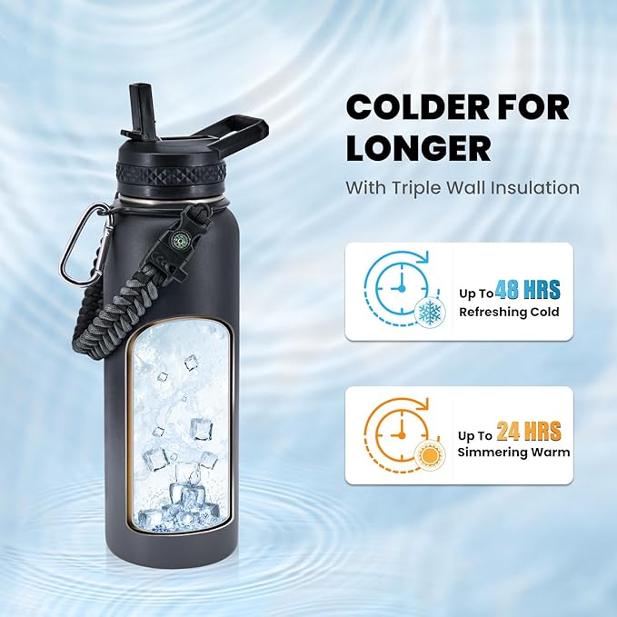 Insulated Water Bottle 40 oz, Triple Wall Vacuum Stainless Steel (Cold for 48 Hrs), Leak Proof & Non-BPA, Modern Water Flask Jug with Paracord Handle & Straw Spout Lids, Dark Grey