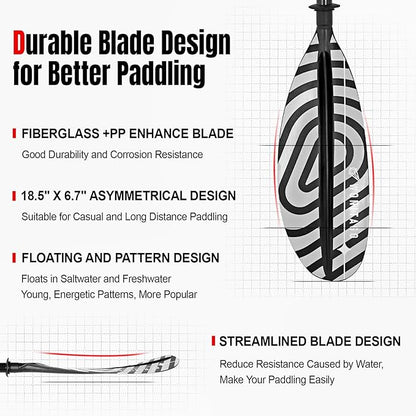 Kayak Paddles with Fiberglass Shaft and Reinforced PP Blade, Floating Adjustable Kayaking Oars, 3 Piece, 220-240 cm/86-94 Inches, 240-260 cm/94-102 Inches