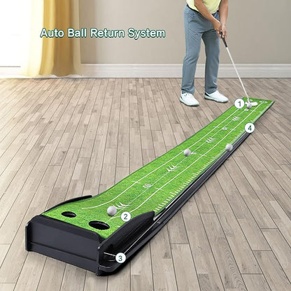 Golf Putting Green Mat with Putter and 6 Balls, Putting Practice Mat with Auto Ball Return for Home, Office, Backyard, Indoor, Outdoor Use