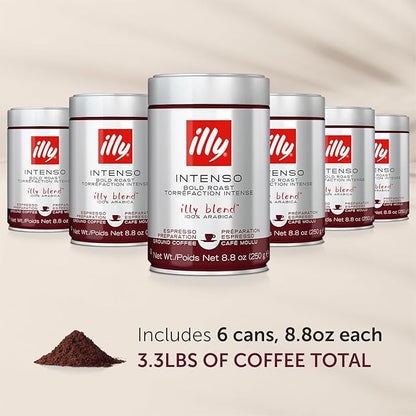 illy Ground Coffee Espresso - 100% Arabica Coffee Ground – Intenso Dark Roast – Warm Notes of Cocoa & Dried Fruit - Rich Aromatic Profile - Precise Roast - No Preservatives – 8.8 Ounce, 6 Pack