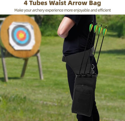 4 Tubes Hip Quiver, Nylon Fabric Waist Arrow Quiver with Pockets and Adjustable Strap for Archery Shooter, Outdoor Arrow Storage