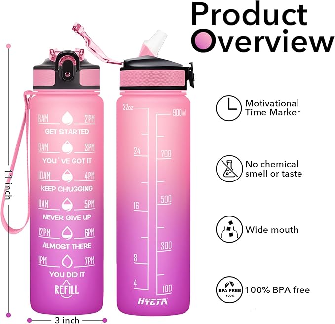 Hyeta 32 oz Water Bottles with Times to Drink and Straw, Motivational Water Bottle with Time Marker, Leakproof, Drinking Sports Water Bottle for Fitness, Gym and Outdoor