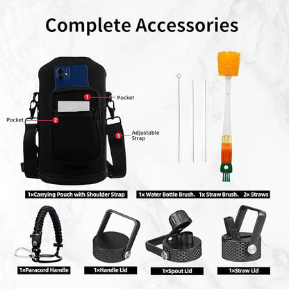 Insulated Water Bottle 64oz,Triple Wall Vacuum Stainless Steel(Dishwasher Safe),Leak Proof & Non-BPA,Flask Jug with Paracord Handle & Straw Spout Lids Sports