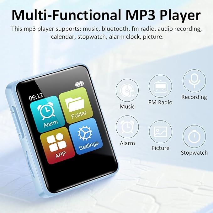 32GB MP3 Player for Kids, 1.8 inch Portable Small Music Bluetooth MP3 Player with Speaker, FM Radio, Voice Recorder, Alarm Clock, Stopwatch, Up to 512GB(Blue)