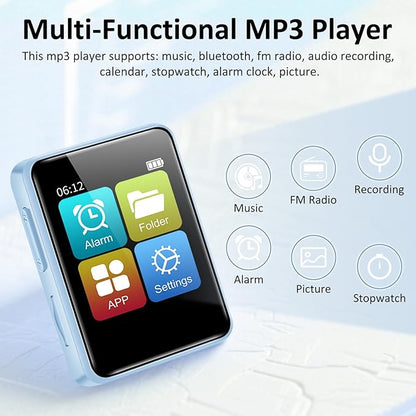 32GB MP3 Player for Kids, 1.8 inch Portable Small Music Bluetooth MP3 Player with Speaker, FM Radio, Voice Recorder, Alarm Clock, Stopwatch, Up to 512GB(Blue)