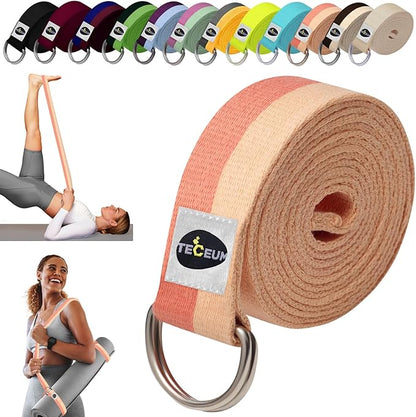 TECEUM Yoga Strap & Mat Strap – 2 IN 1 – Cotton – 6 ft 8 ft 10 ft (30+ colors) – Adjustable Non-Slip Belt for Yoga, Pilates, Stretching, Physical Therapy, Fitness & Home Workout – For Carrying Mats