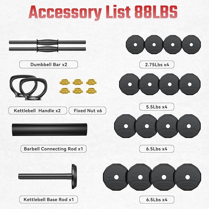 FEIERDUN Adjustable Dumbbells, 40/48/68/88lbs Free Weight Set with 4 Modes, Used as Barbell, Kettlebells, Push up Stand, Fitness Exercises for Home Gym Suitable Men/Women