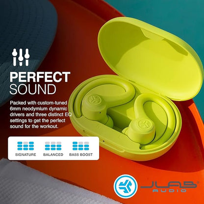 JLab Go Air Sport True Wireless Earbuds, Yellow, Featuring C3 Clear Calling, Secure Earhook Sport Design, 35+ Hour Bluetooth Playtime, and 3 EQ Sound Settings
