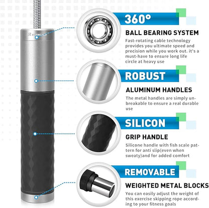 Weighted Jump Rope for Men, Women (1.5LB) - Alloy Steel Handles, Speed Skipping Rope, Gym,Indoor/Outdoor - Fitness, Workout, Boxing - Solid PVC & Cotton Rope