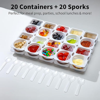 20 Sets Reusable Snack Containers with Lids & 20 Sporks – Double Compartment for Portion Control, BPA-Free Leak-Proof Dipping Containers for Meal Prep, Travel, and Outdoor Snacks (White)