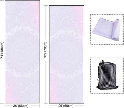 QiyI Yoga Mat Towel with Corner Pockets, Non Slip Sweat Absorbent Hot Yoga Towels, Soft Yoga Blankets with Travel Bag, Skidless Mat Cover for Workout, Gym, Fitness - 70"x26", Purple Mandala