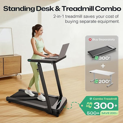 UREVO Treadmill with Desk Workstation, Walking Pad Treadmills for Home Office, Under Desk Compact Design Treadmill with HIIT Programs, Remote Control, LED Display