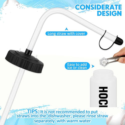 Domensi 4 Pack 1 Liter Sports Water Bottle W/Long Straw Hockey Lacrosse BPA Free Easy Squeeze Plastic Bottle Use W/Sport Helmet in Football Baseball Gym Yoga (Translucent,Novel)