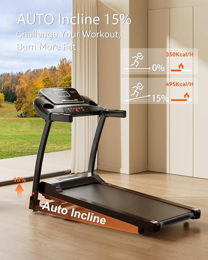 Treadmill for Home, 3.0HP Folding Treadmill with Incline, 300 lbs Capacity, Bluetooth & Heart Rate Sensor, Space-Saving Design