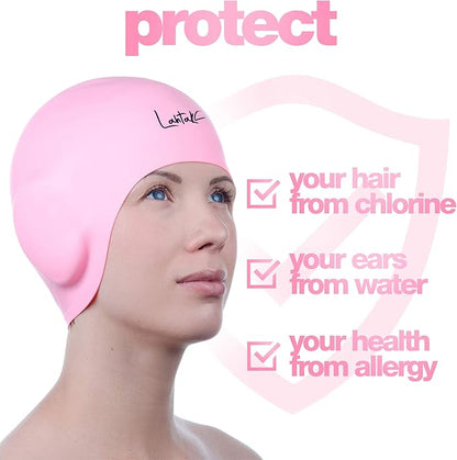 3D Swim Caps - Ear Protection Swimming Cap for Women & Men - Silicone, Waterproof - Fits Long & Short Hair - Adult & Youth