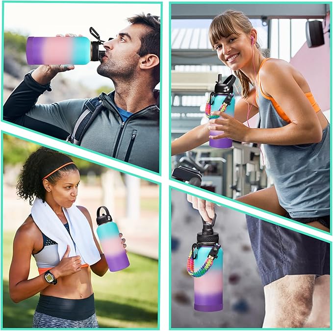 Insulated Stainless Steel Water Bottle - 32/40/64/128 oz Water Bottles with Straw & Spout Lids, Paracord Handle and Carrier Pouch, Workout Water Flask Bottle for Women Men Sport Activities