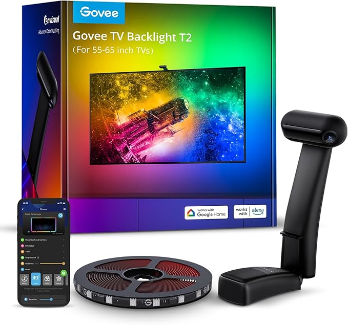 Govee Envisual TV LED Backlight T2 with Dual Cameras, 11.8ft RGBIC Wi-Fi LED Strip Lights for 55-65 inch TVs, Double Strip Light Beads, for Home Decorations, Smart App Control, Music Sync