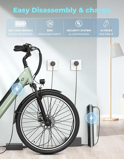 Jasion YC1/ST 26" Electric Bike, 750W Peak Motor, Step-Through Ebike for Adults, 360WH Removable Battery, Up to 40miles, Max 23MPH Urban Commuter E-Bike, 7 Speeds & Front Suspension