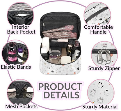 Large Makeup Bag Travel Cosmetic Bags for Women Cute Colorful Cartoon Animal Cat Makeup Organizer Case Toiletry Bag for Girls Traveling Wide Open Portable Pouch with Handle