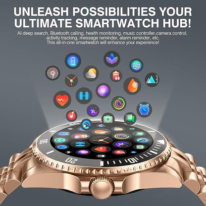 2025 DA GPT Smart Watch, Deep Search, Heart Rate, Blood Pressure, Blood Oxygen, Sleep Monitor, 107 Sports Modes, Waterproof Round Watch, 1.19-inch AMOLED Display, Compatible Android and iOS Gold Metal