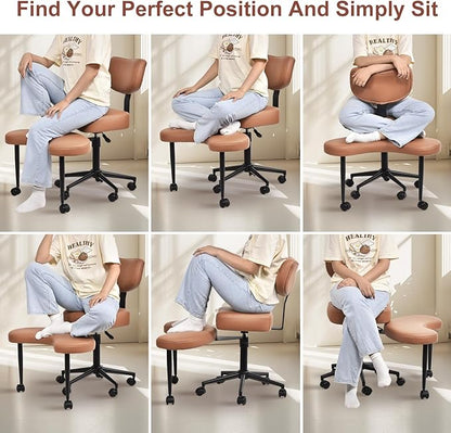 Meditation Chair Cross Legged ADHD Office Chair for Adults with Wheels Ergonomic Back Support and Leg Rest for Multi Position Criss Cross Sitting Kneeling and Yoga Height Adjustable, Leather Style