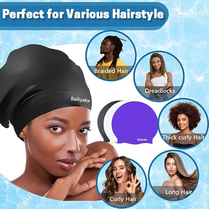 3 Pack Extra Large Swim Cap for Braids & Dreadlocks - Waterproof Silicone Swim Hat for Women with Long Thick Hair, Protective Swim Cap Cover Ears for Swimming, Shower, Bathing