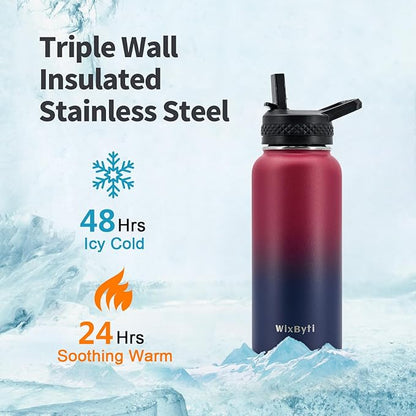 32 oz Insulated Water Bottle with Straw (Cold for 48 Hrs), Stainless Steel Triple Wall Vacuum Sports Water Jug, Leakproof Hydro Cup Flask with Paracord Handle & Straw Spout Lids & DIY Stickers