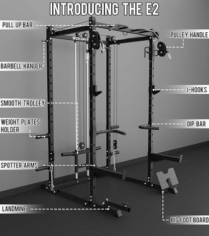 Eonfit E2 Power Cage，1500LB Squat Rack with Cable Crossover System.Multi-Function Power Rack for Home Gum.All-in-One Squat Rack with More Training Attachments