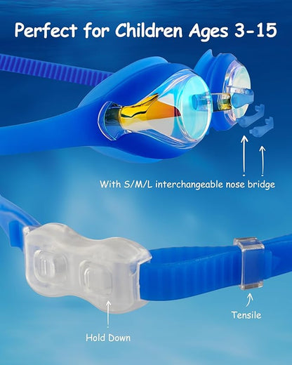 Kids Swim Goggles, Anti-fog and UV Protection with Swim Cap for Age 3-15 Youth Boys Girls Toddler