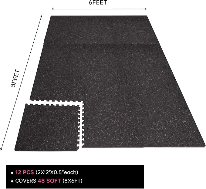 0.56 Inch Thick Gym Flooring for Home Gym 48 Sq 12 Pcs 24 x 24in Tile,