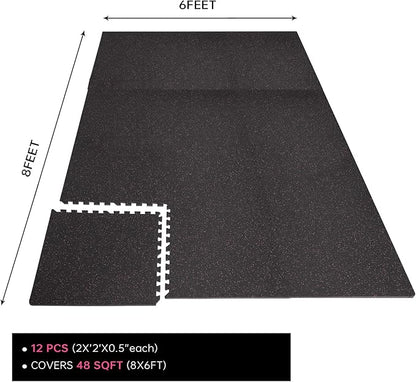 0.56 Inch Thick Gym Flooring for Home Gym 48 Sq 12 Pcs 24 x 24in Tile,