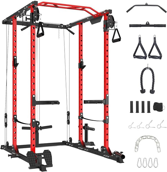 GaveeLife Power Cage, 2000 LBS Power Rack with Cable Cross-Over System, Multi-Functional Strength Training Squat Rack with LAT Pull Down System, Home Gym Equipment with Training Attachment, Red