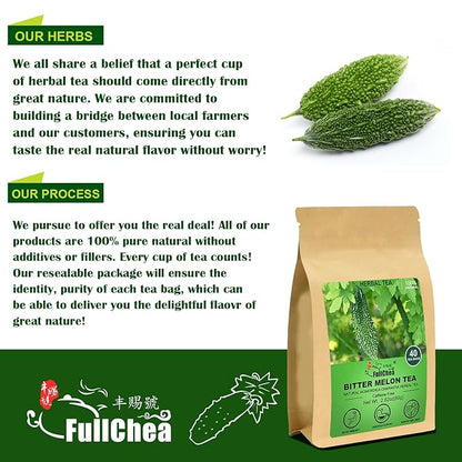 FullChea - Bitter Melon Tea, 2g X 40 Count - Premium Natural Dried Momordica Charantia - Cut & Sifted - Non-GMO - Caffeine-free - Support Wellness & Digestion Support