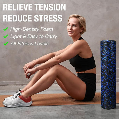 High-Density Round Foam Roller for Muscle Soreness Recovery, Exercise, Massage - 18", 24", 36" Blue Fleck (24 Inch)