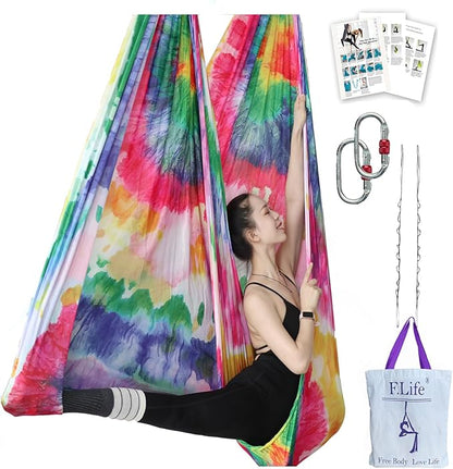 F.Life Aerial Yoga Hammock kit- Yoga Swing Multicolor 5 yards-Flying Yoga Include Daisy Chain,Carabiner and Pose Guide