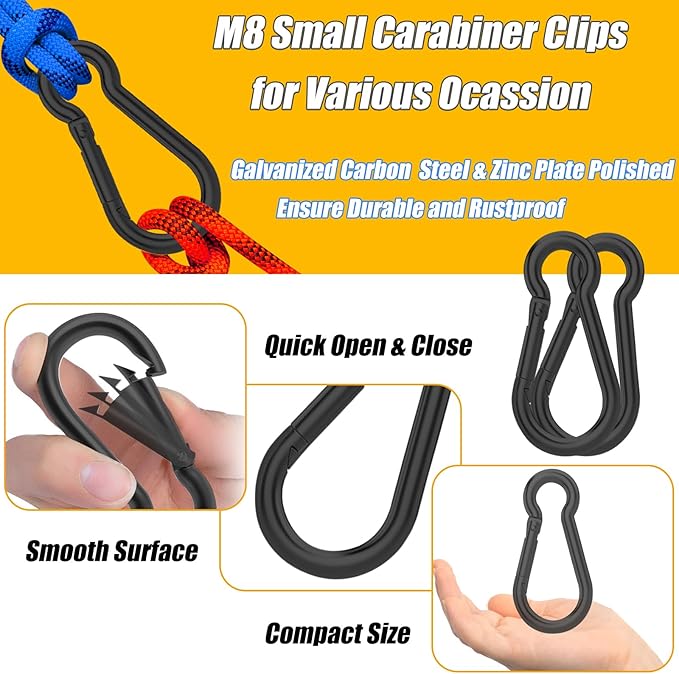 30PCS 3" Black Heavy Duty Spring Snap Hook, M8 5/16" Galvanized Steel Snap Hook Carabiner Quick Link Carabiner Clip, 500LBS Holding Capacity Quick Link Keychain for Swing Hammock Gym Outdoor