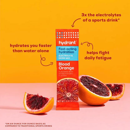 HYDRANT Hydrate, Individual Hydration Electrolyte Powder Stick Packets with No Artificial Sweeteners, Colors, or Fillers (Blood Orange, 30 Pack)