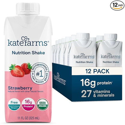 Kate Farms Organic Nutrition Shake, Strawberry, 16g Protein, 27 Vitamins and Minerals, Meal Replacement, 11 oz, 12 Pack
