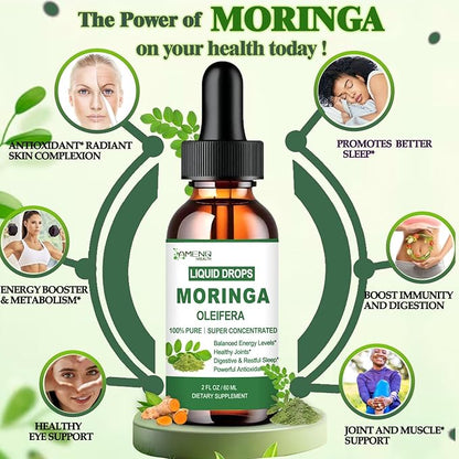 2 Pack Organic Moringa Liquid Drops, Fast-Absorbing Leaf Extract with Turmeric, Black Pepper & Vit C Immune Energy Metabolism & Joint Support丨6x Potency vs Powder Capsules丨Natural Superfood Supplement